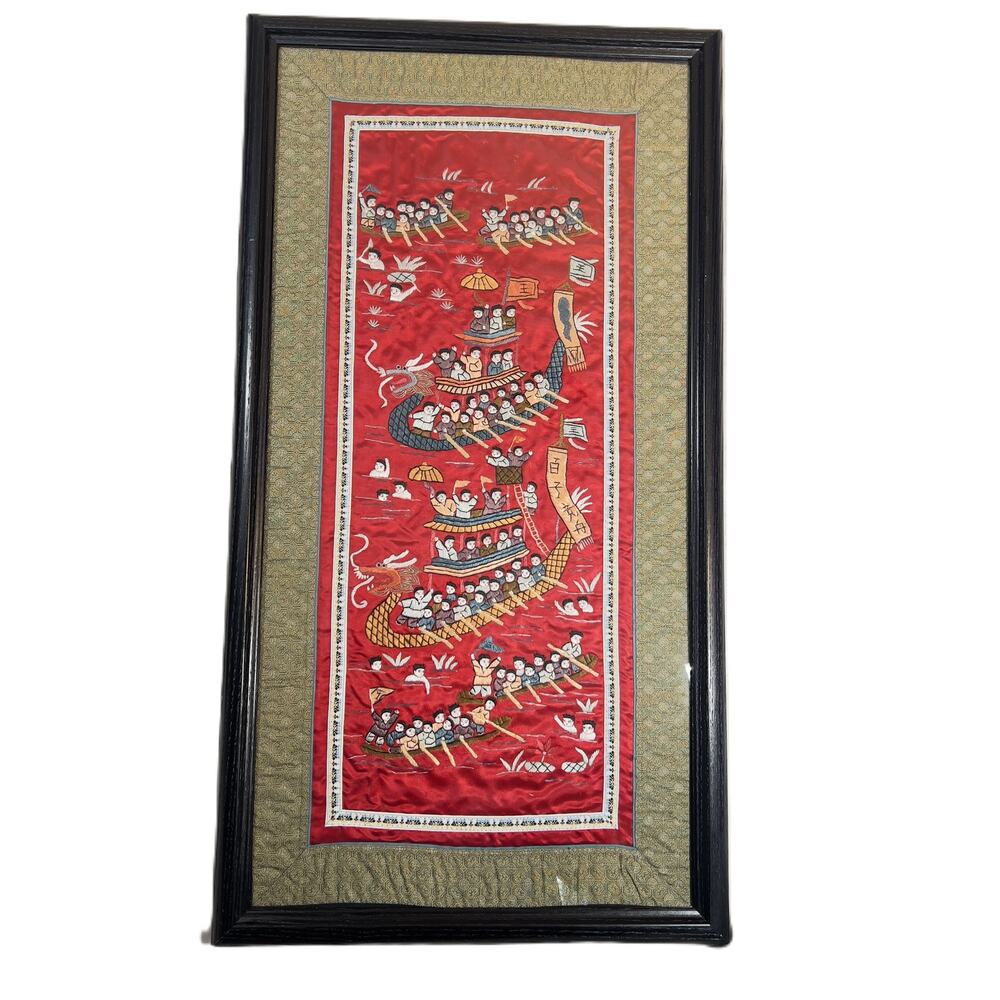 Vintage Chinese Silk Tapestry Framed Red Festival Procession 14x27 Asian Decor